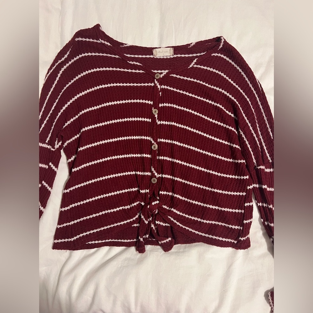 long sleeve maroon and cream shirt